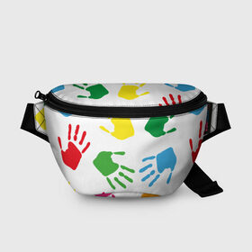 Поясная сумка 3D с принтом Цветные ладошки - Детский узор в Тюмени, 100% полиэстер | плотная ткань, ремень с регулируемой длиной, внутри несколько карманов для мелочей, основное отделение и карман с обратной стороны сумки застегиваются на молнию | дети | детский | краска | ладошки | пальцы | радуга | ребенок | руки | след | узор