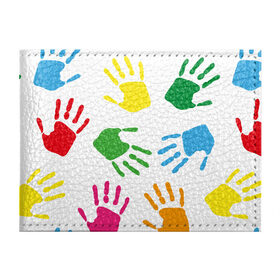 Обложка для студенческого билета с принтом Цветные ладошки - Детский узор в Тюмени, натуральная кожа | Размер: 11*8 см; Печать на всей внешней стороне | дети | детский | краска | ладошки | пальцы | радуга | ребенок | руки | след | узор