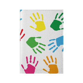 Обложка для паспорта матовая кожа с принтом Цветные ладошки - Детский узор в Тюмени, натуральная матовая кожа | размер 19,3 х 13,7 см; прозрачные пластиковые крепления | дети | детский | краска | ладошки | пальцы | радуга | ребенок | руки | след | узор