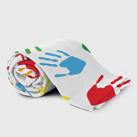 Плед 3D с принтом Цветные ладошки - Детский узор в Тюмени, 100% полиэстер | закругленные углы, все края обработаны. Ткань не мнется и не растягивается | дети | детский | краска | ладошки | пальцы | радуга | ребенок | руки | след | узор