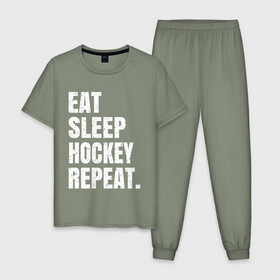 Мужская пижама хлопок с принтом EAT SLEEP HOCKEY REPEAT в Тюмени, 100% хлопок | брюки и футболка прямого кроя, без карманов, на брюках мягкая резинка на поясе и по низу штанин
 | boston | bruins | capitals | detroit | eat | eat sleep hockey repeat | hockey | nhl | penguins | pittsburgh | red wings | repeat | sleep | washington | вашингтон кэпиталз | нхл | питтсбург пингвинз | хокей | хоккей