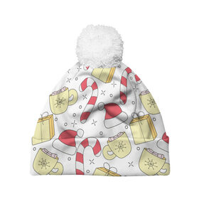 Шапка 3D c помпоном с принтом Новогодний узор на белом фоне в Тюмени, 100% полиэстер | универсальный размер, печать по всей поверхности изделия | белый | детский | зимний | леденец | новогодний | новый год | паттерн | подарок | санта | узор | уютный