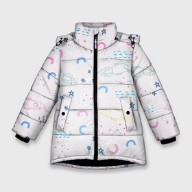 Зимняя куртка для девочек 3D с принтом Рисованный космос в Тюмени, ткань верха — 100% полиэстер; подклад — 100% полиэстер, утеплитель — 100% полиэстер. | длина ниже бедра, удлиненная спинка, воротник стойка и отстегивающийся капюшон. Есть боковые карманы с листочкой на кнопках, утяжки по низу изделия и внутренний карман на молнии. 

Предусмотрены светоотражающий принт на спинке, радужный светоотражающий элемент на пуллере молнии и на резинке для утяжки. | звезды | линии | магнит | ракеты | рисованный | рисунок космос
