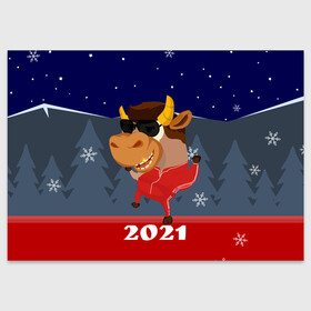 Поздравительная открытка с принтом Бычара 2021 в Тюмени, 100% бумага | плотность бумаги 280 г/м2, матовая, на обратной стороне линовка и место для марки
 | Тематика изображения на принте: 2021 | 7 января | bull | newyear | santa | бык | быки | бычок | год быка | дед мороз | корова | новогодние каникулы | новогодние праздники | новый 2021 | новый год | новый год 2021 | рождество | сани | санта | санта клаус