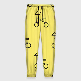 Мужские брюки 3D с принтом Велосипеды на желтом в Тюмени, 100% полиэстер | манжеты по низу, эластичный пояс регулируется шнурком, по бокам два кармана без застежек, внутренняя часть кармана из мелкой сетки | велик | велосипед | велоспрот | желтый | кататься | летний | паттерн | покатушки | спорт | узор
