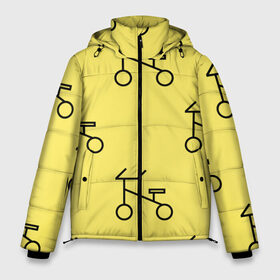 Мужская зимняя куртка 3D с принтом Велосипеды на желтом в Тюмени, верх — 100% полиэстер; подкладка — 100% полиэстер; утеплитель — 100% полиэстер | длина ниже бедра, свободный силуэт Оверсайз. Есть воротник-стойка, отстегивающийся капюшон и ветрозащитная планка. 

Боковые карманы с листочкой на кнопках и внутренний карман на молнии. | велик | велосипед | велоспрот | желтый | кататься | летний | паттерн | покатушки | спорт | узор
