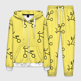 Мужской костюм 3D с принтом Велосипеды на желтом в Тюмени, 100% полиэстер | Манжеты и пояс оформлены тканевой резинкой, двухслойный капюшон со шнурком для регулировки, карманы спереди | велик | велосипед | велоспрот | желтый | кататься | летний | паттерн | покатушки | спорт | узор