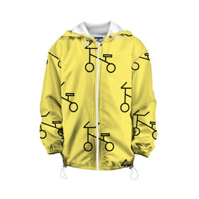 Детская куртка 3D с принтом Велосипеды на желтом в Тюмени, 100% полиэстер | застежка — молния, подол и капюшон оформлены резинкой с фиксаторами, по бокам — два кармана без застежек, один потайной карман на груди, плотность верхнего слоя — 90 г/м2; плотность флисового подклада — 260 г/м2 | Тематика изображения на принте: велик | велосипед | велоспрот | желтый | кататься | летний | паттерн | покатушки | спорт | узор