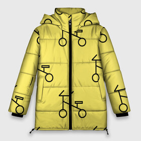 Женская зимняя куртка 3D с принтом Велосипеды на желтом в Тюмени, верх — 100% полиэстер; подкладка — 100% полиэстер; утеплитель — 100% полиэстер | длина ниже бедра, силуэт Оверсайз. Есть воротник-стойка, отстегивающийся капюшон и ветрозащитная планка. 

Боковые карманы с листочкой на кнопках и внутренний карман на молнии | велик | велосипед | велоспрот | желтый | кататься | летний | паттерн | покатушки | спорт | узор