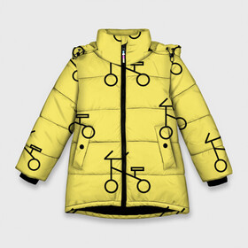 Зимняя куртка для девочек 3D с принтом Велосипеды на желтом в Тюмени, ткань верха — 100% полиэстер; подклад — 100% полиэстер, утеплитель — 100% полиэстер. | длина ниже бедра, удлиненная спинка, воротник стойка и отстегивающийся капюшон. Есть боковые карманы с листочкой на кнопках, утяжки по низу изделия и внутренний карман на молнии. 

Предусмотрены светоотражающий принт на спинке, радужный светоотражающий элемент на пуллере молнии и на резинке для утяжки. | Тематика изображения на принте: велик | велосипед | велоспрот | желтый | кататься | летний | паттерн | покатушки | спорт | узор