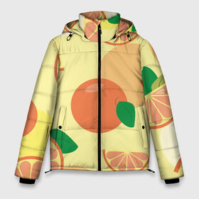 Мужская зимняя куртка 3D с принтом Апельсиновый летний узор в Тюмени, верх — 100% полиэстер; подкладка — 100% полиэстер; утеплитель — 100% полиэстер | длина ниже бедра, свободный силуэт Оверсайз. Есть воротник-стойка, отстегивающийся капюшон и ветрозащитная планка. 

Боковые карманы с листочкой на кнопках и внутренний карман на молнии. | Тематика изображения на принте: апельсин | апельсиновый | летний | оранжевый | паттерн | узор | фруктовый