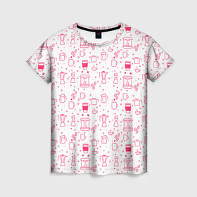 Женская футболка 3D с принтом Coffee Lover в Тюмени, 100% полиэфир ( синтетическое хлопкоподобное полотно) | прямой крой, круглый вырез горловины, длина до линии бедер | бариста | белый фон | иконки | кофе | кофейня | красный | любитель кофе | паттерн