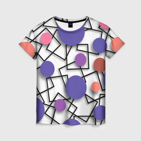 Женская футболка 3D с принтом Геометрический узор в Тюмени, 100% полиэфир ( синтетическое хлопкоподобное полотно) | прямой крой, круглый вырез горловины, длина до линии бедер | 3д эффект | графика | квадраты | объемные фигуры | разноцветные круги