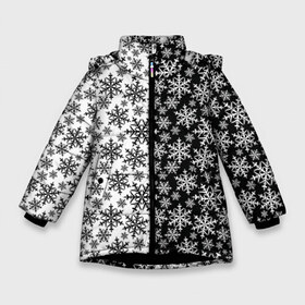 Зимняя куртка для девочек 3D с принтом Снежинки в Тюмени, ткань верха — 100% полиэстер; подклад — 100% полиэстер, утеплитель — 100% полиэстер. | длина ниже бедра, удлиненная спинка, воротник стойка и отстегивающийся капюшон. Есть боковые карманы с листочкой на кнопках, утяжки по низу изделия и внутренний карман на молнии. 

Предусмотрены светоотражающий принт на спинке, радужный светоотражающий элемент на пуллере молнии и на резинке для утяжки. | merry christmas | дед мороз | ёлка | зима | мороз | новый год | подарок | праздник | рождество | с новым годом | санта клаус | снег | снеговик | снегурочка | снежинки | снежные узоры | узоры