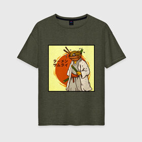 Женская футболка хлопок Oversize с принтом Съедобный самурай в Тюмени, 100% хлопок | свободный крой, круглый ворот, спущенный рукав, длина до линии бедер
 | japan | katana | ramen | samurai | катана | лапша | рамен | самурай | япония