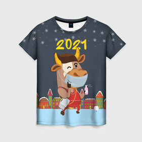 Женская футболка 3D с принтом Коронавирусный Новый Год в Тюмени, 100% полиэфир ( синтетическое хлопкоподобное полотно) | прямой крой, круглый вырез горловины, длина до линии бедер | 2021 | 7 января | bull | newyear | santa | бык | быки | бычок | год быка | дед мороз | корова | новогодние каникулы | новогодние праздники | новый 2021 | новый год | новый год 2021 | рождество | сани | санта | санта клаус