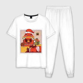 Мужская пижама хлопок с принтом Пьяный Санта в Тюмени, 100% хлопок | брюки и футболка прямого кроя, без карманов, на брюках мягкая резинка на поясе и по низу штанин
 | Тематика изображения на принте: 