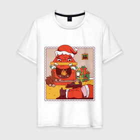 Мужская футболка хлопок с принтом Пьяный Санта в Тюмени, 100% хлопок | прямой крой, круглый вырез горловины, длина до линии бедер, слегка спущенное плечо. | Тематика изображения на принте: 