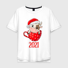 Мужская футболка хлопок Oversize с принтом Милый новогодний бычок 2021 в Тюмени, 100% хлопок | свободный крой, круглый ворот, “спинка” длиннее передней части | 2021 | 7 января | bull | newyear | santa | бык | быки | бычок | год быка | дед мороз | корова | новогодние каникулы | новогодние праздники | новый 2021 | новый год | новый год 2021 | рождество | сани | санта | санта клаус