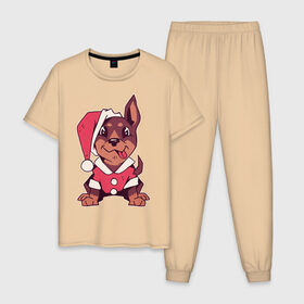 Мужская пижама хлопок с принтом Рождественский пёсик в Тюмени, 100% хлопок | брюки и футболка прямого кроя, без карманов, на брюках мягкая резинка на поясе и по низу штанин
 | Тематика изображения на принте: 