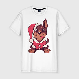 Мужская футболка хлопок Slim с принтом Рождественский пёсик в Тюмени, 92% хлопок, 8% лайкра | приталенный силуэт, круглый вырез ворота, длина до линии бедра, короткий рукав | 