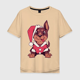 Мужская футболка хлопок Oversize с принтом Рождественский пёсик в Тюмени, 100% хлопок | свободный крой, круглый ворот, “спинка” длиннее передней части | Тематика изображения на принте: 