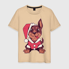 Мужская футболка хлопок с принтом Рождественский пёсик в Тюмени, 100% хлопок | прямой крой, круглый вырез горловины, длина до линии бедер, слегка спущенное плечо. | Тематика изображения на принте: 