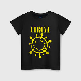 Детская футболка хлопок с принтом CORONA SMILE в Тюмени, 100% хлопок | круглый вырез горловины, полуприлегающий силуэт, длина до линии бедер | 2020 | china | corona | kobain | music | nirvana | smile | virus | болезнь | карантин | кобэйн | коронавирус | музыка | нирвана | пандемия | смайлик | удаленка | эпидемия
