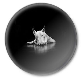 Значок с принтом Puppy в Тюмени,  металл | круглая форма, металлическая застежка в виде булавки | bull terrier | dog | ears | eyes | muzzle | nose | paws | puppy | бультерьер | глаза | лапы | нос | уши | щенок
