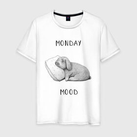 Мужская футболка хлопок с принтом Monday Mood в Тюмени, 100% хлопок | прямой крой, круглый вырез горловины, длина до линии бедер, слегка спущенное плечо. | dream | monday | mood | rabbit | sleep | заяц | кролик | понедельник | работа | сон | спать