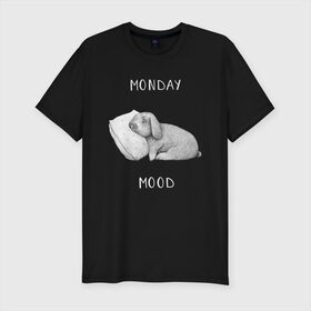 Мужская футболка хлопок Slim с принтом Monday Mood в Тюмени, 92% хлопок, 8% лайкра | приталенный силуэт, круглый вырез ворота, длина до линии бедра, короткий рукав | dream | monday | mood | rabbit | sleep | заяц | кролик | понедельник | работа | сон | спать