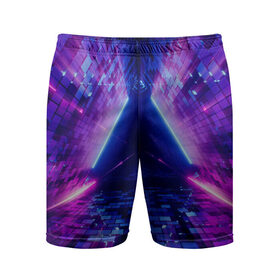 Мужские шорты спортивные с принтом Неоновый туннель в Тюмени,  |  | геометрия | лазер | неон | розовый | свет | синий | треугольник | фигура | фиолетовый | цвета