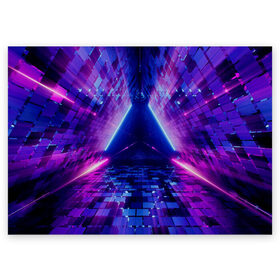 Поздравительная открытка с принтом Неоновый туннель в Тюмени, 100% бумага | плотность бумаги 280 г/м2, матовая, на обратной стороне линовка и место для марки
 | Тематика изображения на принте: геометрия | лазер | неон | розовый | свет | синий | треугольник | фигура | фиолетовый | цвета