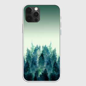 Чехол для iPhone 12 Pro с принтом акварельный лес градиент в Тюмени, силикон | область печати: задняя сторона чехла, без боковых панелей | Тематика изображения на принте: акварель | горы | деревья | дымка | ели | лес | нрадиент | олень | отражение | природа | рисунок | силуэты