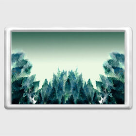 Магнит 45*70 с принтом акварельный лес градиент в Тюмени, Пластик | Размер: 78*52 мм; Размер печати: 70*45 | акварель | горы | деревья | дымка | ели | лес | нрадиент | олень | отражение | природа | рисунок | силуэты