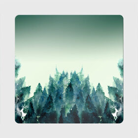 Магнит виниловый Квадрат с принтом акварельный лес градиент в Тюмени, полимерный материал с магнитным слоем | размер 9*9 см, закругленные углы | акварель | горы | деревья | дымка | ели | лес | нрадиент | олень | отражение | природа | рисунок | силуэты
