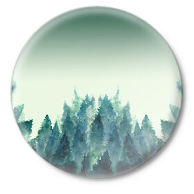 Значок с принтом акварельный лес градиент в Тюмени,  металл | круглая форма, металлическая застежка в виде булавки | акварель | горы | деревья | дымка | ели | лес | нрадиент | олень | отражение | природа | рисунок | силуэты