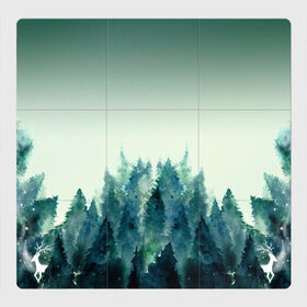 Магнитный плакат 3Х3 с принтом акварельный лес градиент в Тюмени, Полимерный материал с магнитным слоем | 9 деталей размером 9*9 см | акварель | горы | деревья | дымка | ели | лес | нрадиент | олень | отражение | природа | рисунок | силуэты