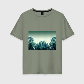 Женская футболка хлопок Oversize с принтом акварельный лес градиент в Тюмени, 100% хлопок | свободный крой, круглый ворот, спущенный рукав, длина до линии бедер
 | акварель | горы | деревья | дымка | ели | лес | нрадиент | олень | отражение | природа | рисунок | силуэты