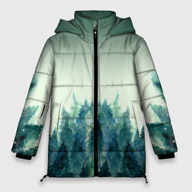 Женская зимняя куртка 3D с принтом акварельный лес градиент в Тюмени, верх — 100% полиэстер; подкладка — 100% полиэстер; утеплитель — 100% полиэстер | длина ниже бедра, силуэт Оверсайз. Есть воротник-стойка, отстегивающийся капюшон и ветрозащитная планка. 

Боковые карманы с листочкой на кнопках и внутренний карман на молнии | Тематика изображения на принте: акварель | горы | деревья | дымка | ели | лес | нрадиент | олень | отражение | природа | рисунок | силуэты