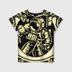 Детская футболка 3D с принтом Космонавт освоение космоса в Тюмени, 100% гипоаллергенный полиэфир | прямой крой, круглый вырез горловины, длина до линии бедер, чуть спущенное плечо, ткань немного тянется | astronaut | outerspace | астронавт | буквы | в космосе | гитара | дата | космический корабль | космическое пространство | космонавт | космос | скафандр | слова | узоры | фразы | цифры | шаттл