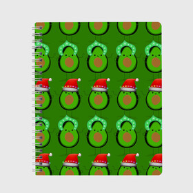 Тетрадь с принтом Авокадо отмечают Новый год! в Тюмени, 100% бумага | 48 листов, плотность листов — 60 г/м2, плотность картонной обложки — 250 г/м2. Листы скреплены сбоку удобной пружинной спиралью. Уголки страниц и обложки скругленные. Цвет линий — светло-серый
 | Тематика изображения на принте: 2021 | авокадо | авокадо дед мороз | авокадо дед мороз и снегурочка | авокадо новый год | авокадо паттерн | авокадо снегурочка | авокадо тусовка | дед мороз и снегурочка авокадо