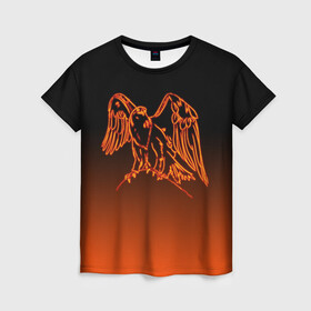 Женская футболка 3D с принтом Огненный орел в Тюмени, 100% полиэфир ( синтетическое хлопкоподобное полотно) | прямой крой, круглый вырез горловины, длина до линии бедер | bird | eagle | falcon | fiery | fire | neon | orange | арт | беркут | горящая птица | дикий | животные | крылья | неоновый | огненная птица | орел | орлан | перья | пламя | природа | птица | птица огонь | птичка | сокол