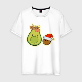 Мужская футболка хлопок с принтом Авокадо встречают год Быка в Тюмени, 100% хлопок | прямой крой, круглый вырез горловины, длина до линии бедер, слегка спущенное плечо. | 2021 | авокадо | авокадо бык | авокадо дед мороз | авокадо мама и малыш | авокадо новогодний | авокадо новый год | авокадо семья | бык костюм | год быка | год быка авокадо | дед мороз