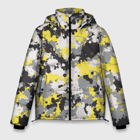 Мужская зимняя куртка 3D с принтом Желто-серый камуфляж в Тюмени, верх — 100% полиэстер; подкладка — 100% полиэстер; утеплитель — 100% полиэстер | длина ниже бедра, свободный силуэт Оверсайз. Есть воротник-стойка, отстегивающийся капюшон и ветрозащитная планка. 

Боковые карманы с листочкой на кнопках и внутренний карман на молнии. | Тематика изображения на принте: illuminating | pantone | ultimate grey | безупречный | кляксы | краска | милитари | освещающий
