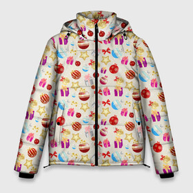 Мужская зимняя куртка 3D с принтом Новогодняя Символика в Тюмени, верх — 100% полиэстер; подкладка — 100% полиэстер; утеплитель — 100% полиэстер | длина ниже бедра, свободный силуэт Оверсайз. Есть воротник-стойка, отстегивающийся капюшон и ветрозащитная планка. 

Боковые карманы с листочкой на кнопках и внутренний карман на молнии. | christmas | merry christmas | дед мороз | ёлка | елочные шары | игрушки | новый год | подарок | праздник | рождество | с новым годом | санта клаус | снежинки | украшения