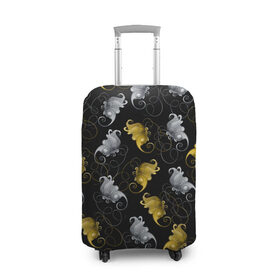 Чехол для чемодана 3D с принтом БАБОЧКИ В ЗОЛОТЕ И СЕРЕБРЕ в Тюмени, 86% полиэфир, 14% спандекс | двустороннее нанесение принта, прорези для ручек и колес | бабочки | золото | классика | насекомые | серебро | черный фон