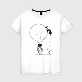Женская футболка хлопок с принтом Absurd 4 в Тюмени, 100% хлопок | прямой крой, круглый вырез горловины, длина до линии бедер, слегка спущенное плечо | абстрактный | вода | голова | идея | иллюстрация | лампочка | мысли | растение | рисунок | росток | человечек | черно белый