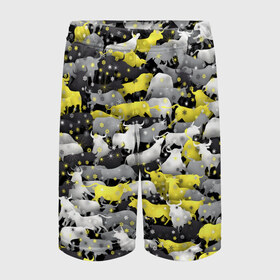 Детские спортивные шорты 3D с принтом Желто-Серые Быки в Тюмени,  100% полиэстер
 | пояс оформлен широкой мягкой резинкой, ткань тянется
 | 2021 | illuminating | pantone | ultimate grey | yellow | безупречный серый | бык | корова | новогодний | новый год | освещающий | паттерн | снег | снежинки