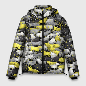 Мужская зимняя куртка 3D с принтом Желто-Серые Быки в Тюмени, верх — 100% полиэстер; подкладка — 100% полиэстер; утеплитель — 100% полиэстер | длина ниже бедра, свободный силуэт Оверсайз. Есть воротник-стойка, отстегивающийся капюшон и ветрозащитная планка. 

Боковые карманы с листочкой на кнопках и внутренний карман на молнии. | Тематика изображения на принте: 2021 | illuminating | pantone | ultimate grey | yellow | безупречный серый | бык | корова | новогодний | новый год | освещающий | паттерн | снег | снежинки